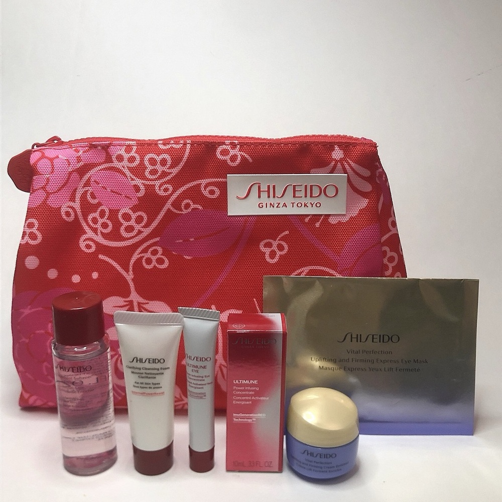 New Shiseido 7-Piece Skincare Travel Set Ultimune & Vital Perfection Bag